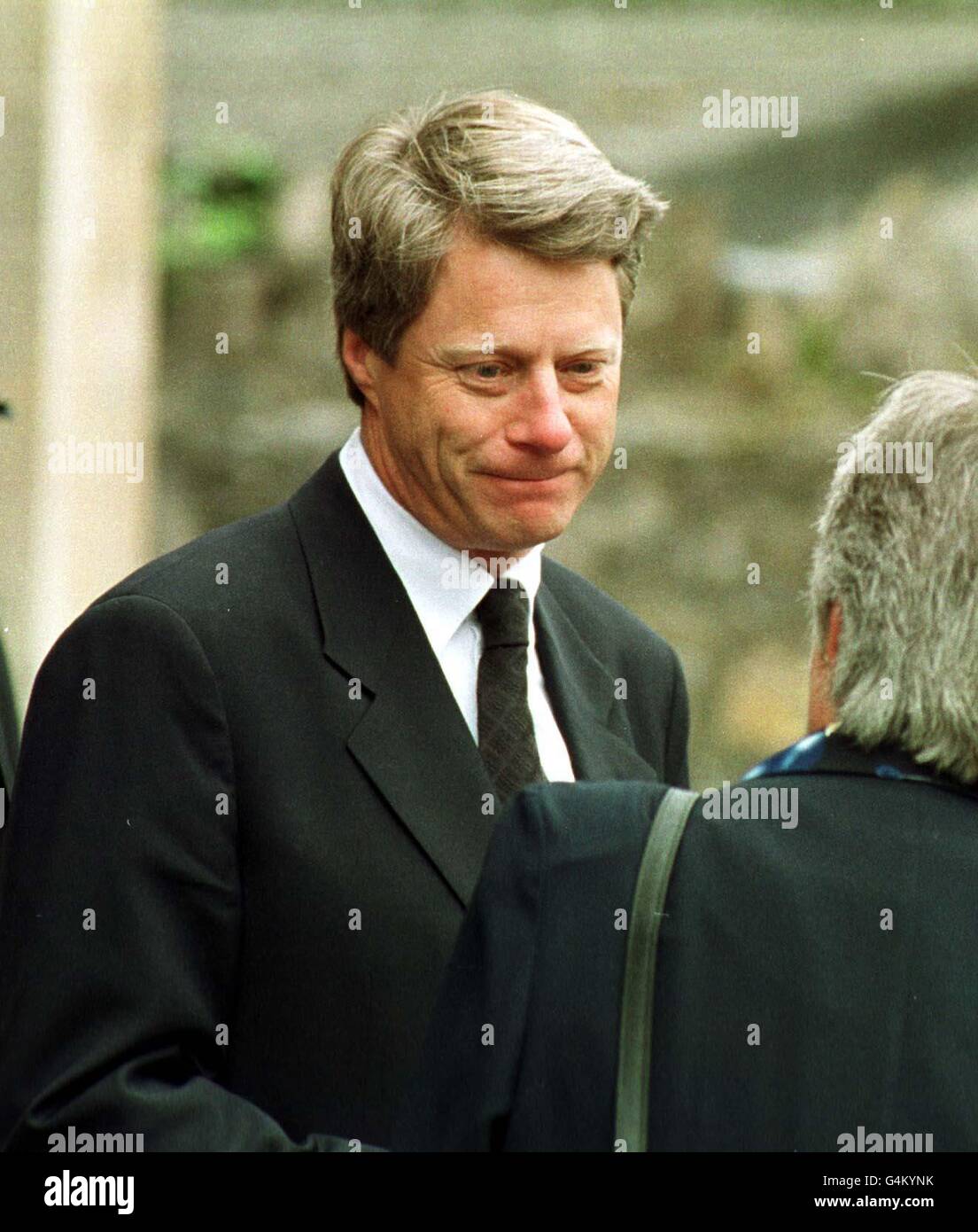 Jill Dando's co-presenter from BBC's Crimewatch Nick Ross at her funeral Clarence Park Baptist church in Weston-Super-Mare. TV Presenter Miss Dando was murdered on the doorstep of her Fulham home 26/4/99. Stock Photo