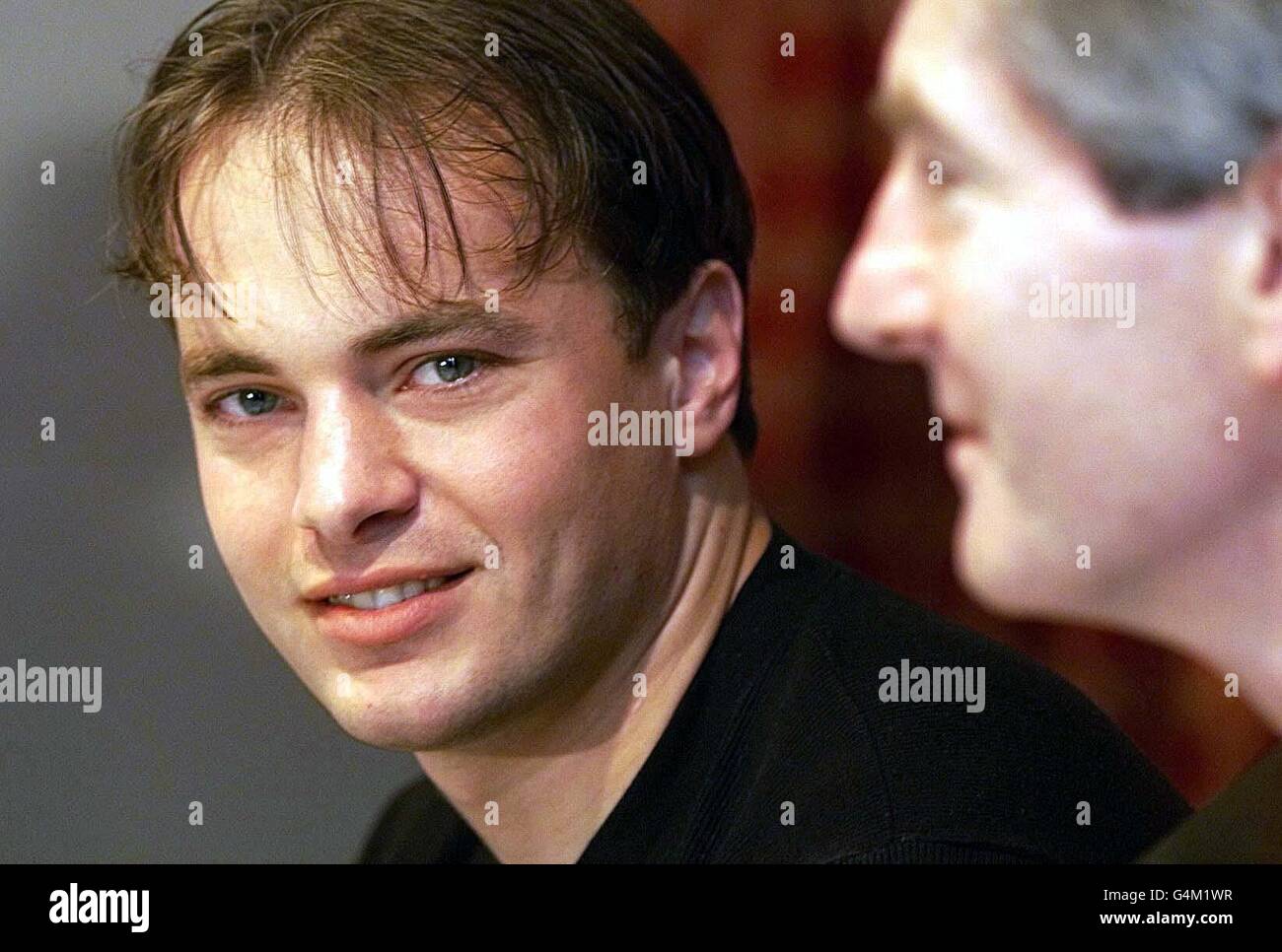 This picture may only be used in the context of an editorial feature. Manchester United's latest signing Mark Bosnich, who is to replace Peter Schmeichel as United's goalkeeper, is unveiled at a press conference at Old Trafford. * 4/6/99: On the day of his wedding, Mark was arrested by police on suspicion of robbery. Alleged incident occured outside Legs Eleven Nightclub in Birmingham, while he was out celebrating his stag night. Released from custidy in time for wedding. * 15/08/00 Manchester United goalkeeper Mark Bosnich's bad luck continued when his car was left sandwiched between two Stock Photo