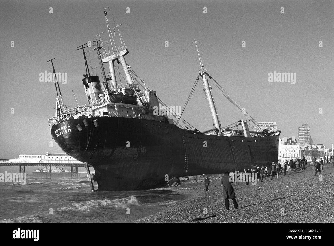 The 3,500-ton Greek cargo ship Athina B, which was blown ashore on Brighton beach in a gale. Stock Photo