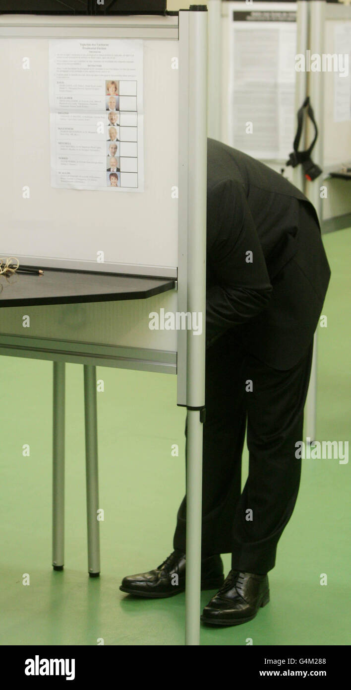 Irish presidential candidate Sean Gallagher, casts his vote at Blackrock National School, Dundalk, Co Louth, as voters across Ireland go to the polls today to elect the country's ninth president. Stock Photo
