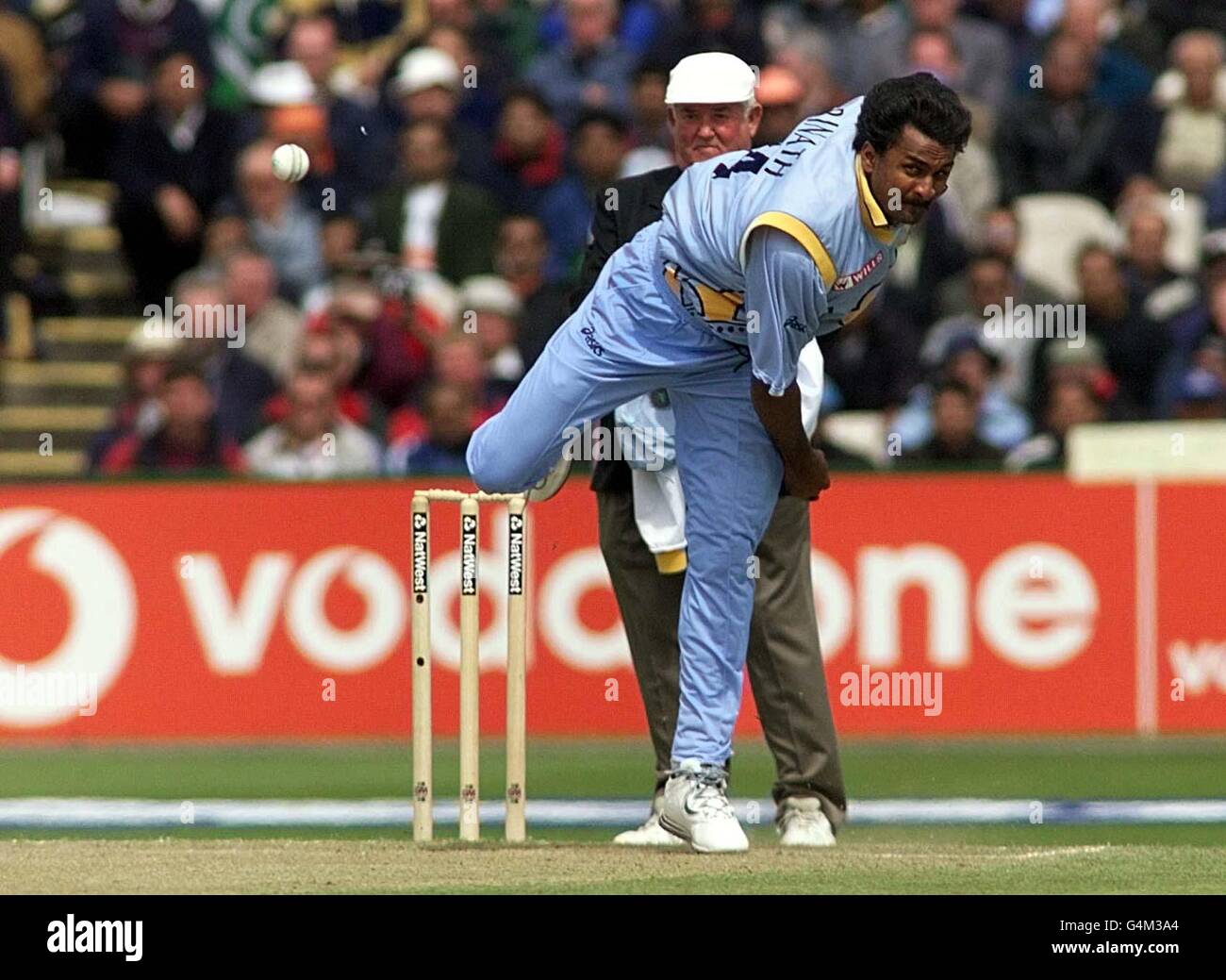 Indian fast bowler Javagal Srinath delivers a ball, during their Super Six Cricket World Cup match against Pakistan at Old Trafford, Manchester. Stock Photo