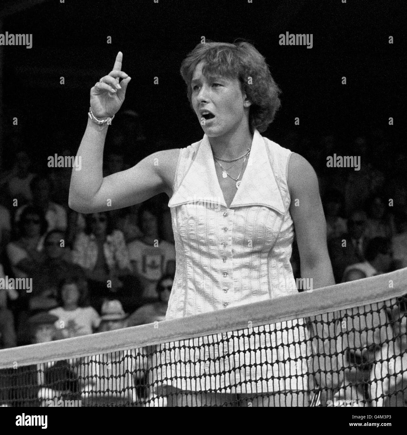 Czechoslovakia's Martina Navratilova appeals to the umpire over a line call she thought was in, during the quarter-final match against Britain's Sue Barker on Court One at Wimbledon. Miss Navratilova went on to win the match 6-3, 3-6, 7-5. Stock Photo