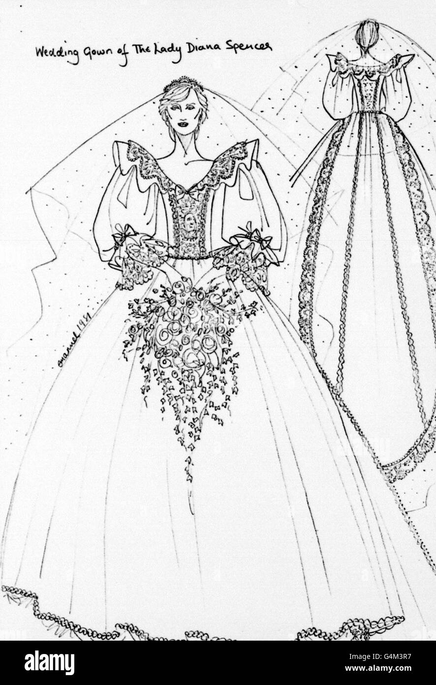 Sketches of the front and back views of the wedding dress to be worn by Lady Diana Spencer during her wedding to the Prince of Wales at St. Paul's Cathedral in London. Designed by Elizabeth and David Emanuel, the dress has a 25ft long detachable train. The bride's veil of ivory silk tulle, spangled with thousands of tiny hand-embroidered mother-of-pearl sequins, is held in place by the Spencer Family diamond tiara. The bride will also wear diamond drop ear-rings, lent by her mother. Stock Photo