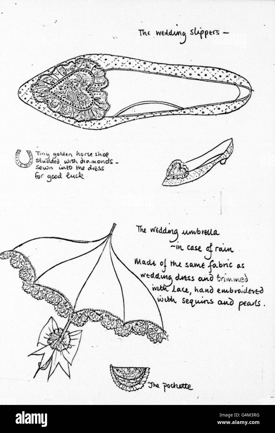 Sketches of accessories which will be worn or carried by Lady Diana Spencer during her wedding to the Prince of Wales at St. Paul's Cathedral in London. Clive Shilton created the slippers. A tiny golden horseshoe studded with diamonds has been sewn in to her dress, designed by Elizabeth and David Emanuel, for good luck. There is a pochette and, in case of inclement weather, a wedding umbrella matching her dress. Stock Photo