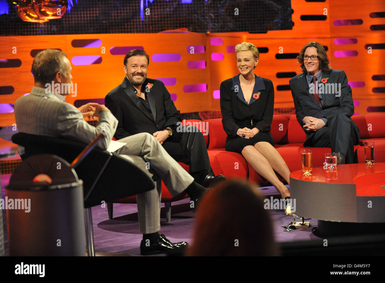 (left to right) Graham Norton, Ricky Gervais, Carey Mulligan and Ed