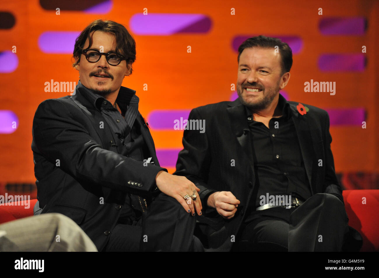 Johnny Depp (left) and Ricky Gervais, during the filming of the Graham