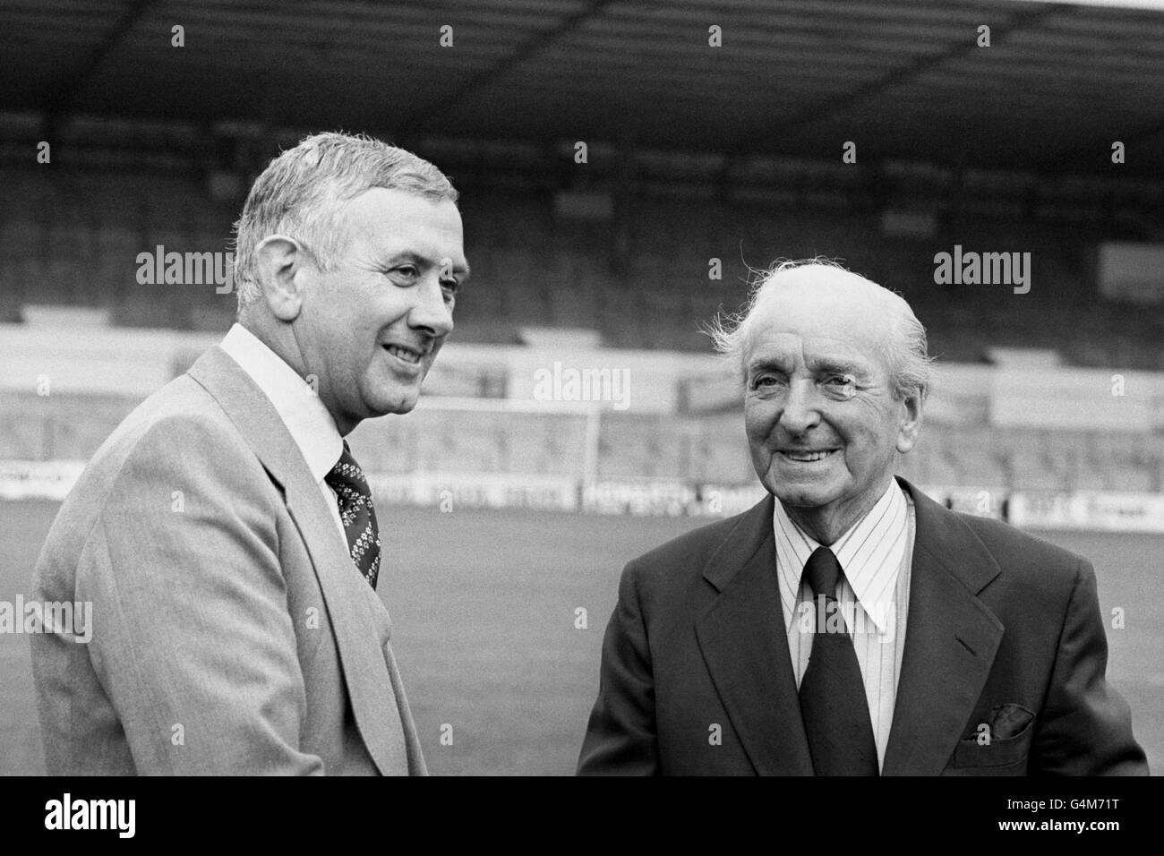 Current Sunderland Manager Jimmy Adamson, who is not on contract at Sunderland, (l) at Elland road with Leeds United deputy chairman Bob Roberts (r) after being offered the post of Manager of Leeds United. If he takes up the offer he will become Leeds United's third manager this year. Jimmy Armfield was told that his contract was not being renewed and Jock Stein was then appointed but left after 45 days to become Scotland Manager. Stock Photo