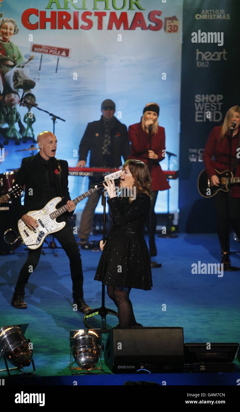 Kelly Clarkson performs at the Regent Street Christmas Lights 2011 switch on in central London. The lights were officially turned on by Bill Nighy and Ashley Jensen from the new 3D film Arthur Christmas. Stock Photo