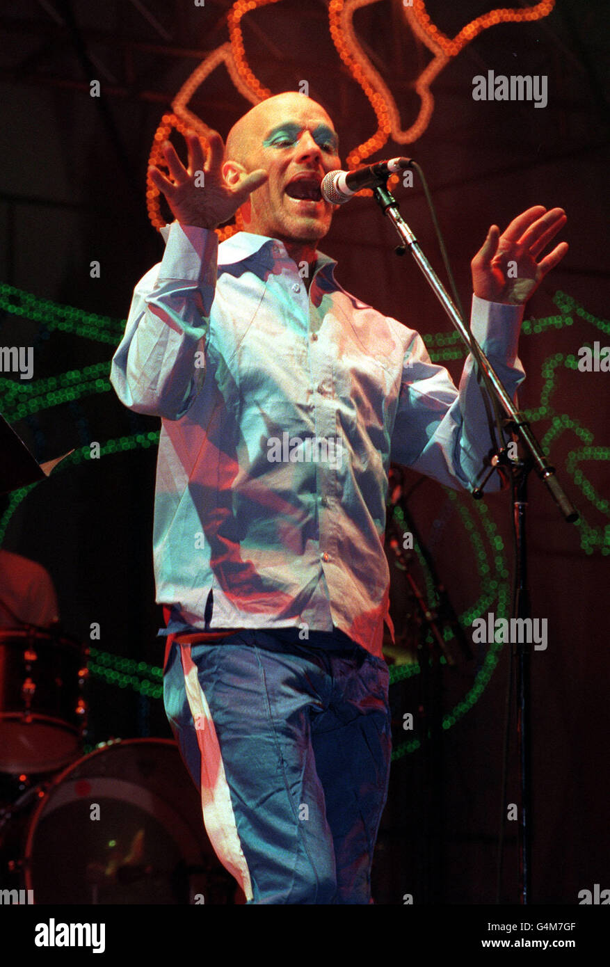 Michael Stipe, lead singer of the band "R.E.M.", on the Pyramid Stage