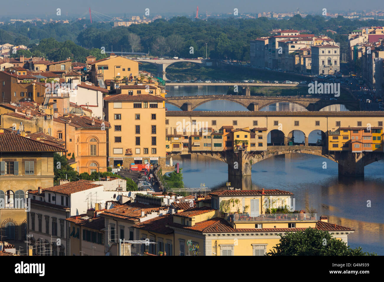 Florence, Florence Province, Tuscany, Italy.  View from Piazzale Michelangelo to bridges across Arno river. Stock Photo