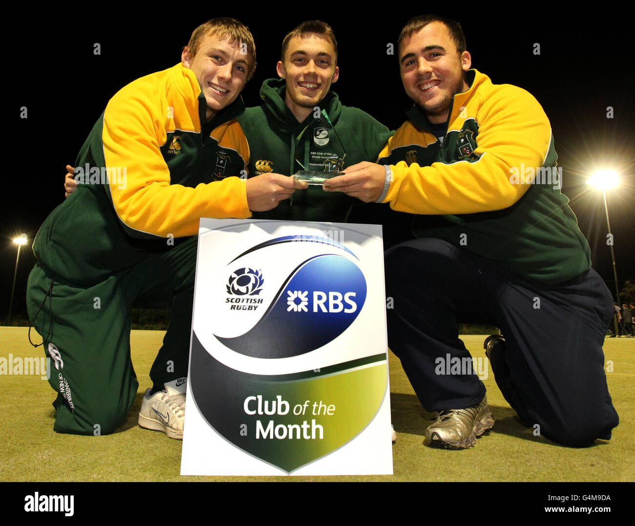 Helensburgh Rugby Club players David Sterry (left), Aaron Sterry (centre) and Terry Smith after the club won RBS club of the month for September during a photocall at Helensbrugh Rugby Club, Helensbrugh. Stock Photo