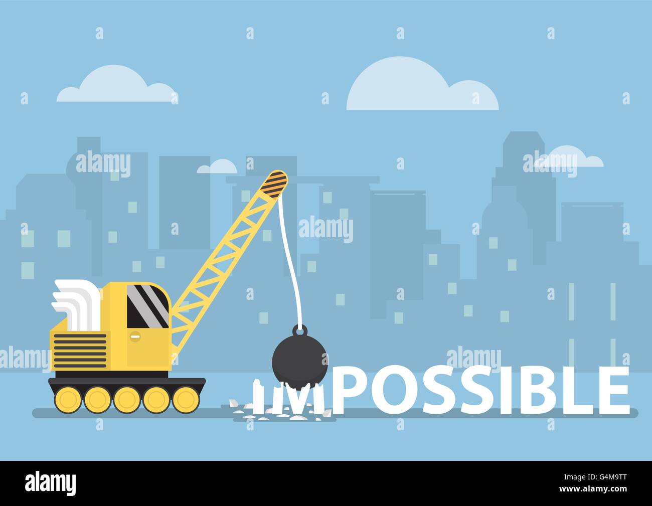 Crane with wrecking ball making the impossible possible with silhouette city in background Stock Vector