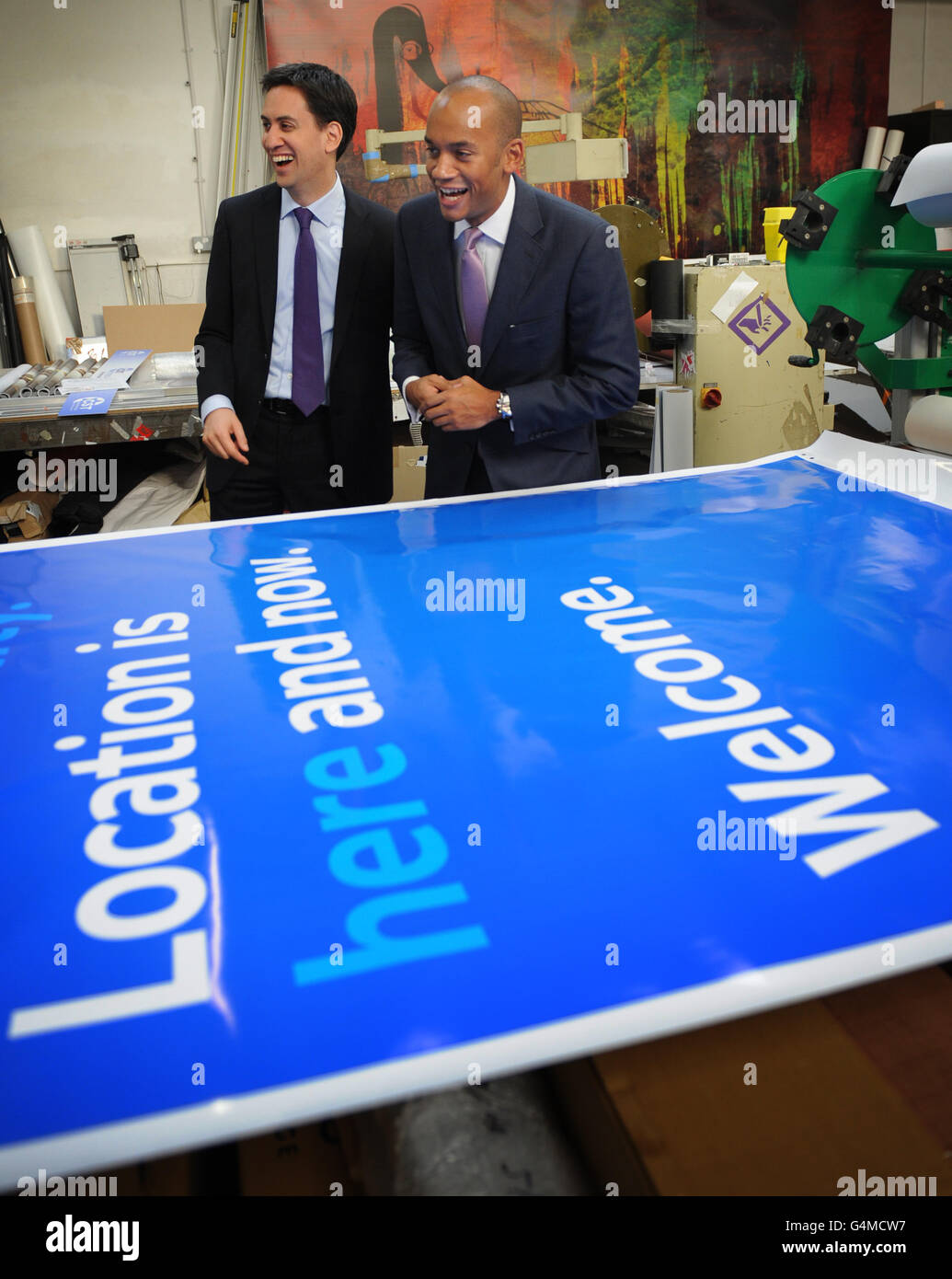 Labour leader Ed Miliband and shadow Business, Innovation and Skills Secretary Chuka Umunna visit Colourset Printers in Bermondsey south east London today where they discussed the current economic situation. Stock Photo