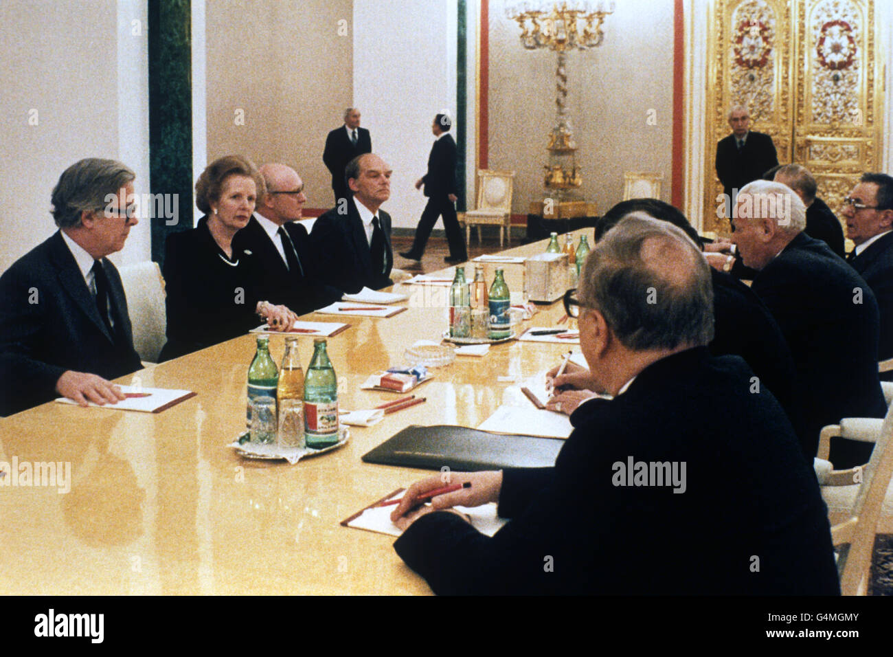 The British delegation with Mrs Margaret Thatcher (c) faces the Soviet delegation with Mr Chernenko (white hair). Far left is Sir Geoffrey Howe and extreme right is Andrei Gromyko, Soviet Foreign Minister. Stock Photo