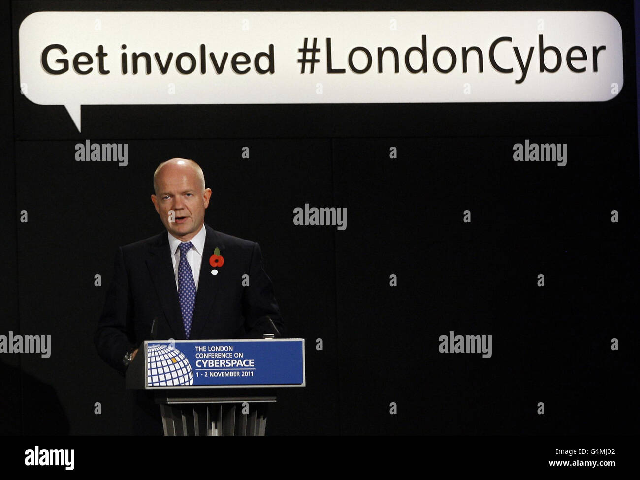 Foreign Secretary William Hague speaks in the 'Internet Freedom' session at the London Cyberspace Conference at Queen Elizabeth II Conference Centre in Westminster. Stock Photo
