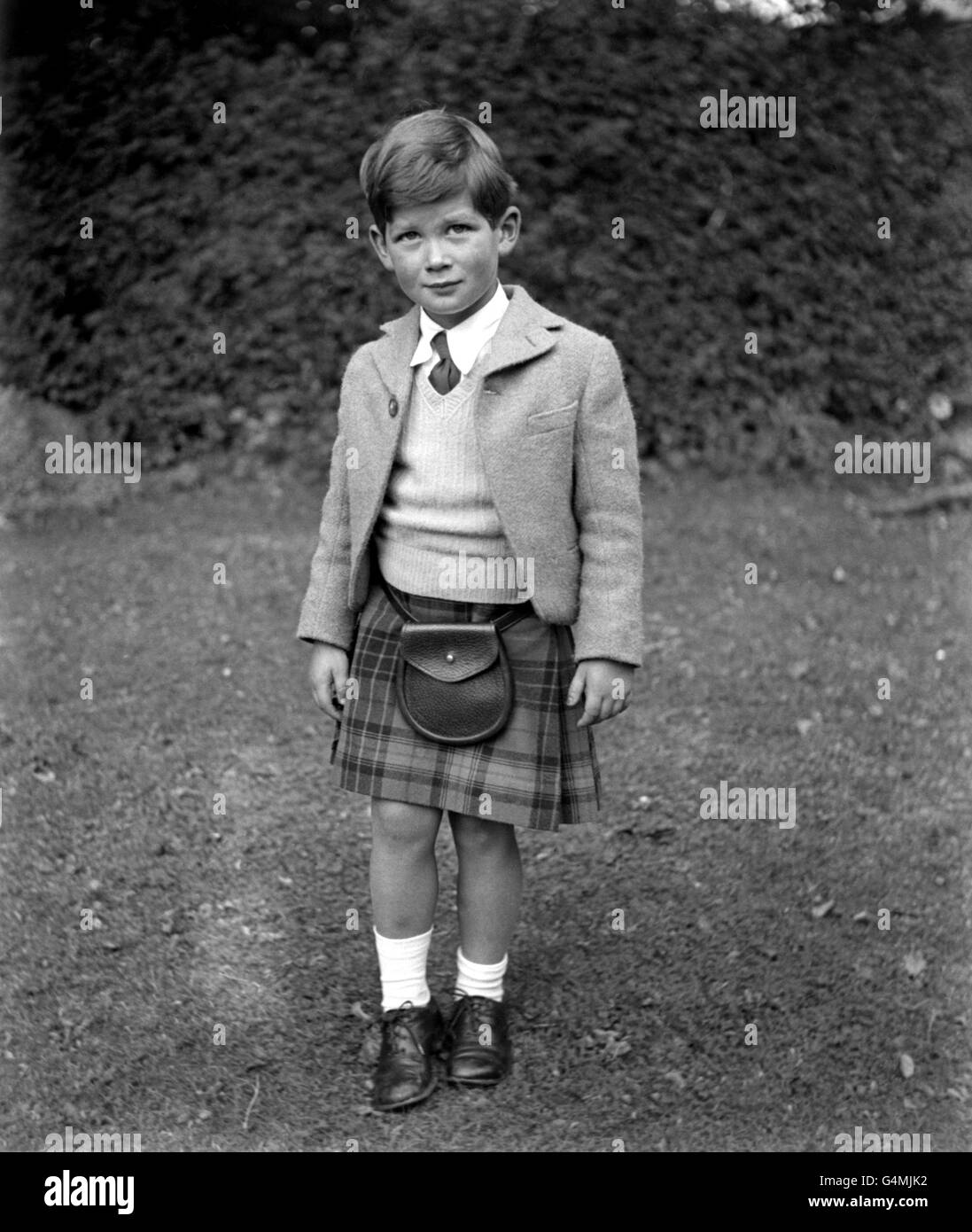 Five year old Prince Michael of Kent wearing the Hunting Stuart tartan. Stock Photo