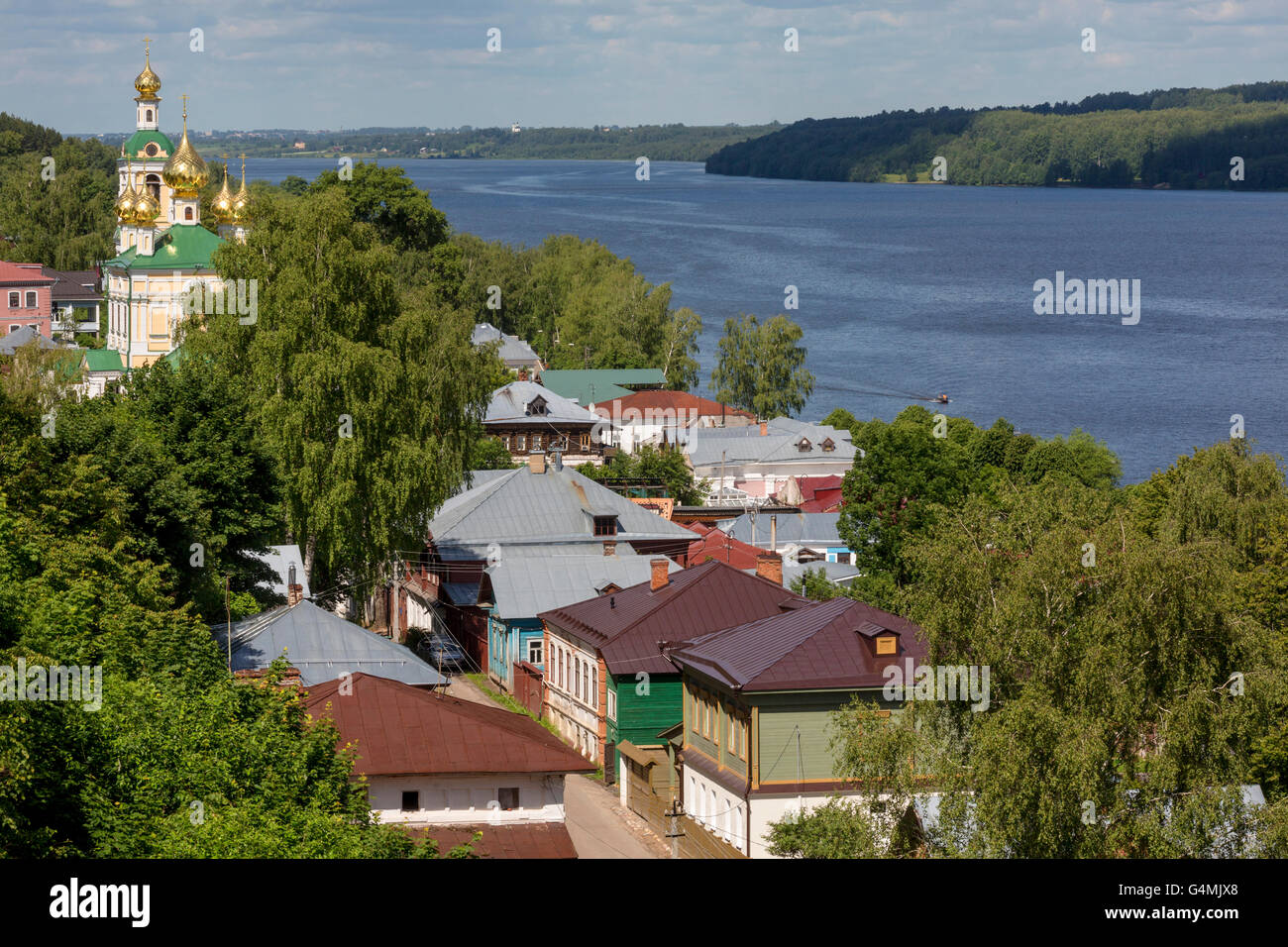 Aerial view of Russian town Ples on the Volga river in Russia Stock Photo