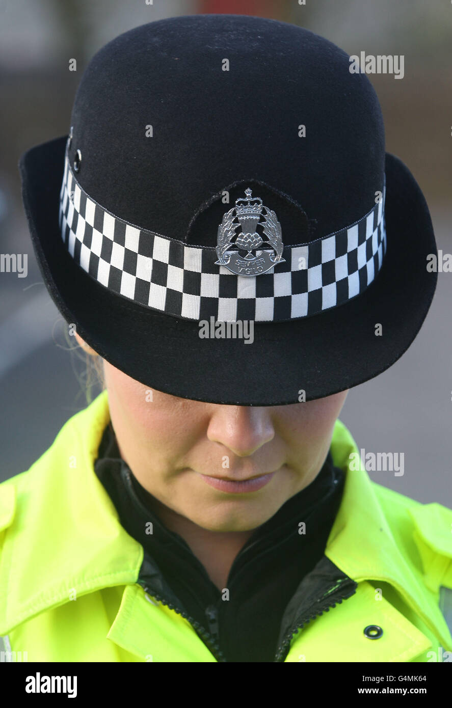 Policewoman hat badge used by all at glenrothes police station hires