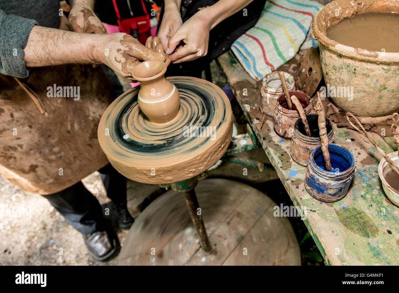 Ceramic pot traditional production. Pottery made of earthenware in