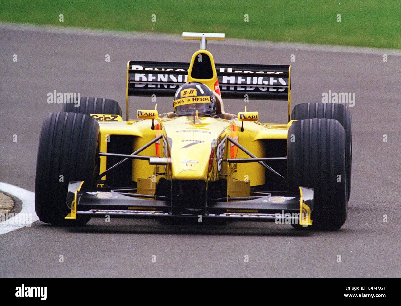 Library file picture dated 3/2/99 of British Formula One driver Damon Hill testing his Mugen-Honda powered Jordan Formula One car at Silverstone. Hill today, Wednesday 16th 1999 announced his retirement from