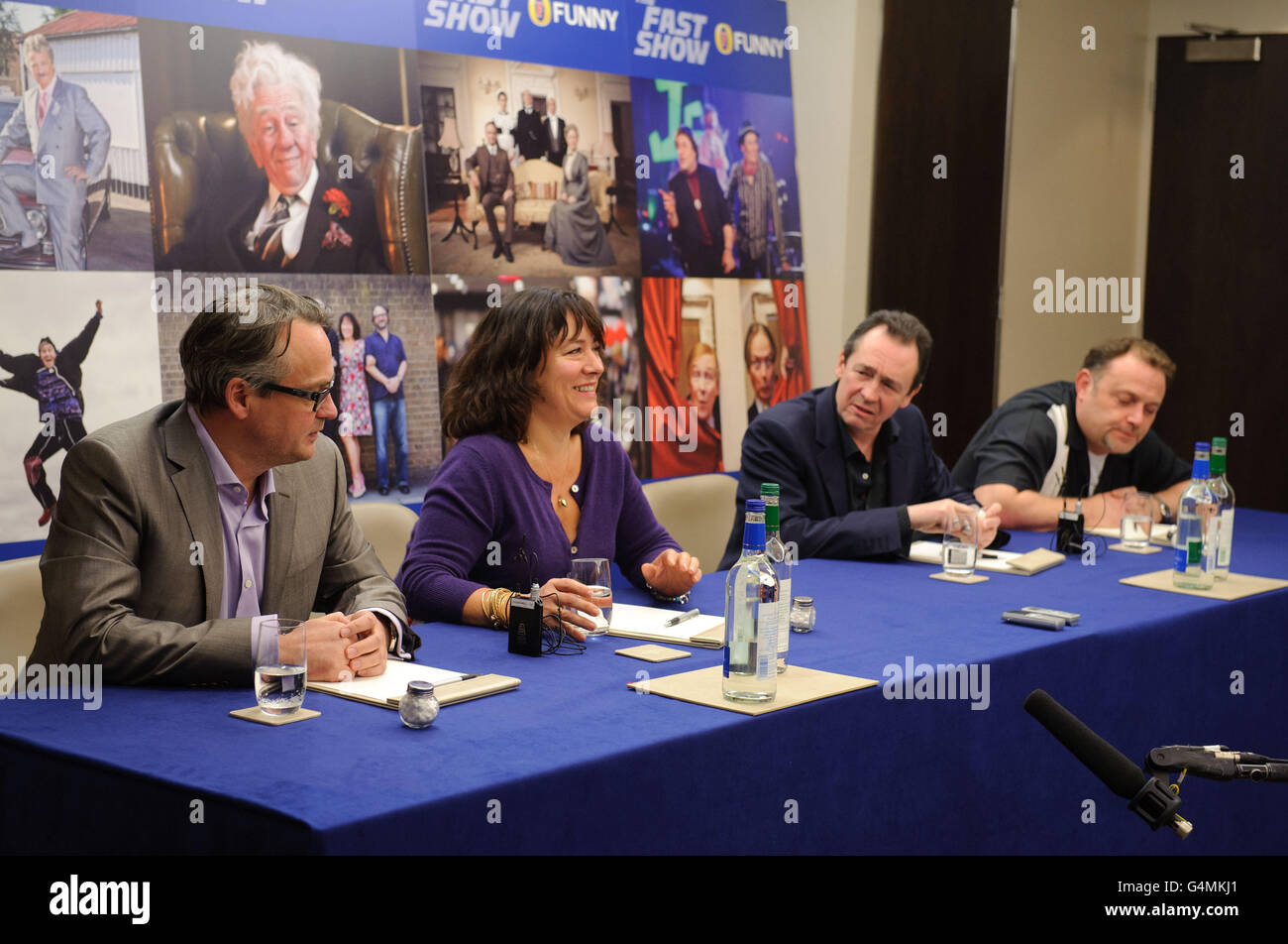 (left to right) Charlie Higson, Arabella Weir, Paul Whitehouse and John Thomson during a press conference at the Hilton Hotel, London to launch the brand new series of The Fast Show, which can be viewed from the 10th November at www.fostersfunny.co.uk. Stock Photo