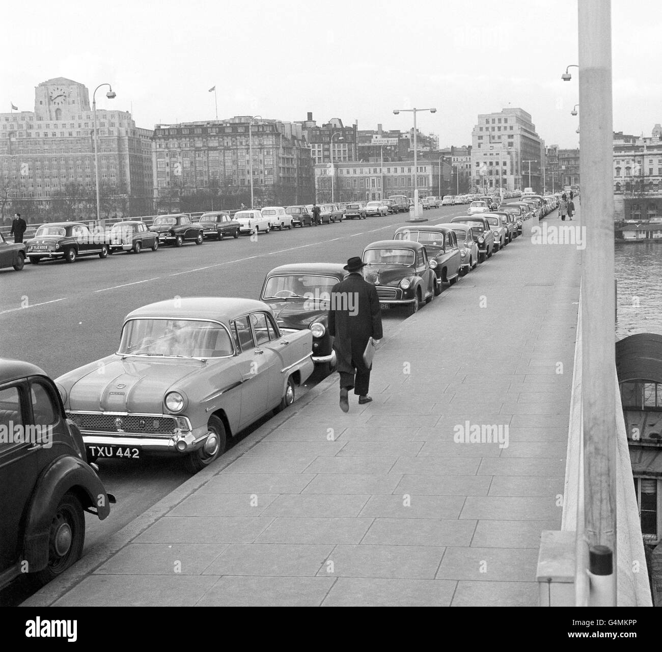 Cars parked on Waterloo Bridge, London. This is a sight which may soon disappear because of a proposed central London parking ban. The plan will go before Westminster City Council in three days and will then go before the Minister of Transport, Mr Ernest Marples Stock Photo