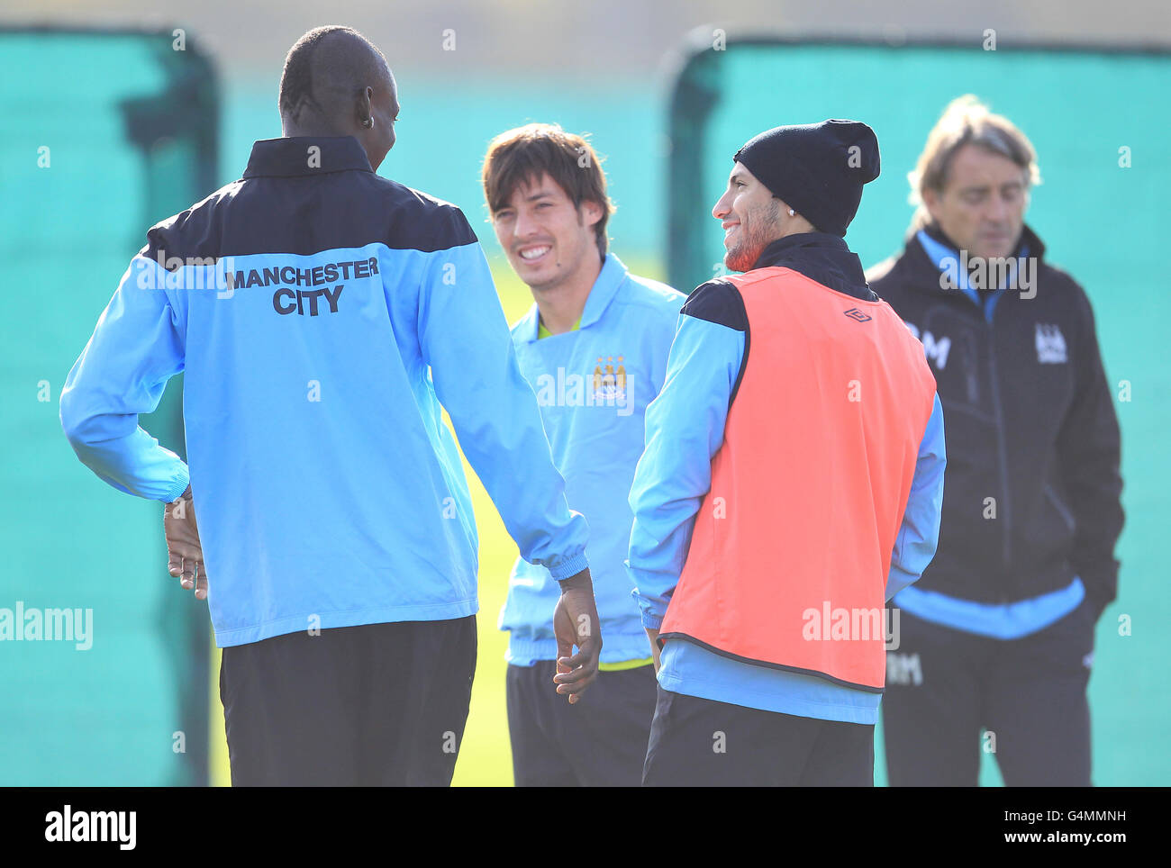(left-right) Manchester City's Mario Balotelli, David Silva, Sergio Aguero and manager Roberto Mancini Stock Photo