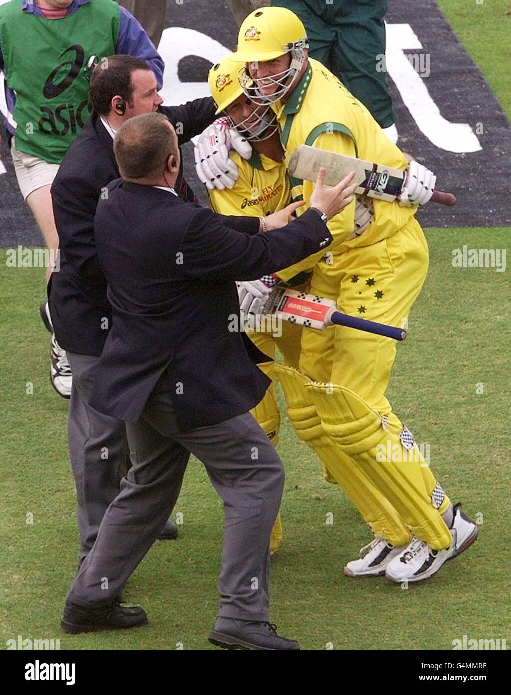 Australian batsmen Steve Waugh (L) and Tom Moody celebrate their win over South Africa, in their Cricket World Cup Super Six match at Headingley, Leeds. Stock Photo