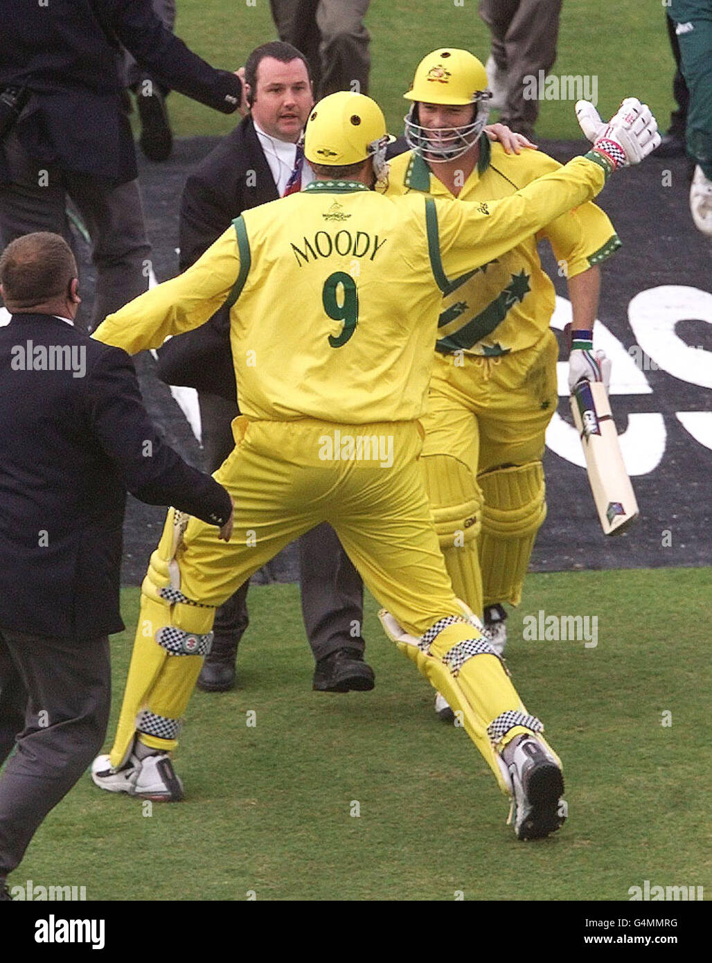 Australian batsmen Steve Waugh (background) and Tom Moody celebrate their win over South Africa