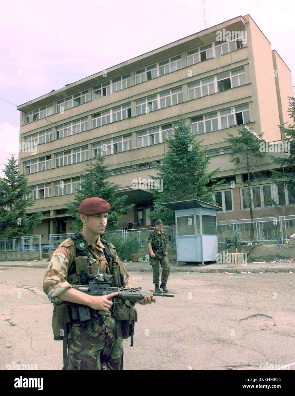 The exterior view of the school hat became a Serbian Police Head Quarters in Pristina, Kosovo, inside which a torture chamber was found by the British Army who have entered the province as part of a NATO peace-keeping force. Stock Photo