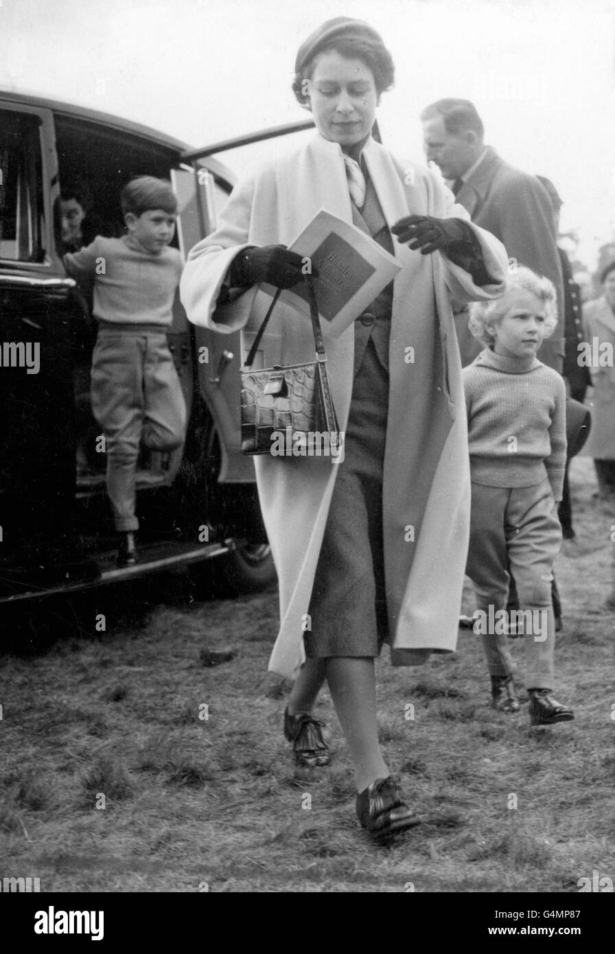 Queen Elizabeth II with Princess Anne and Prince Charles, arriving at Windsor Great Park to watch events in the European Horse Trials. Stock Photo