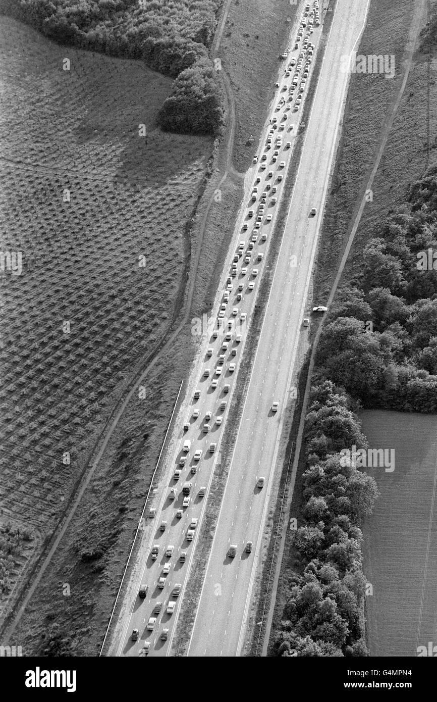 Motoring - Traffic. Arial view of a traffic jam in England. Stock Photo