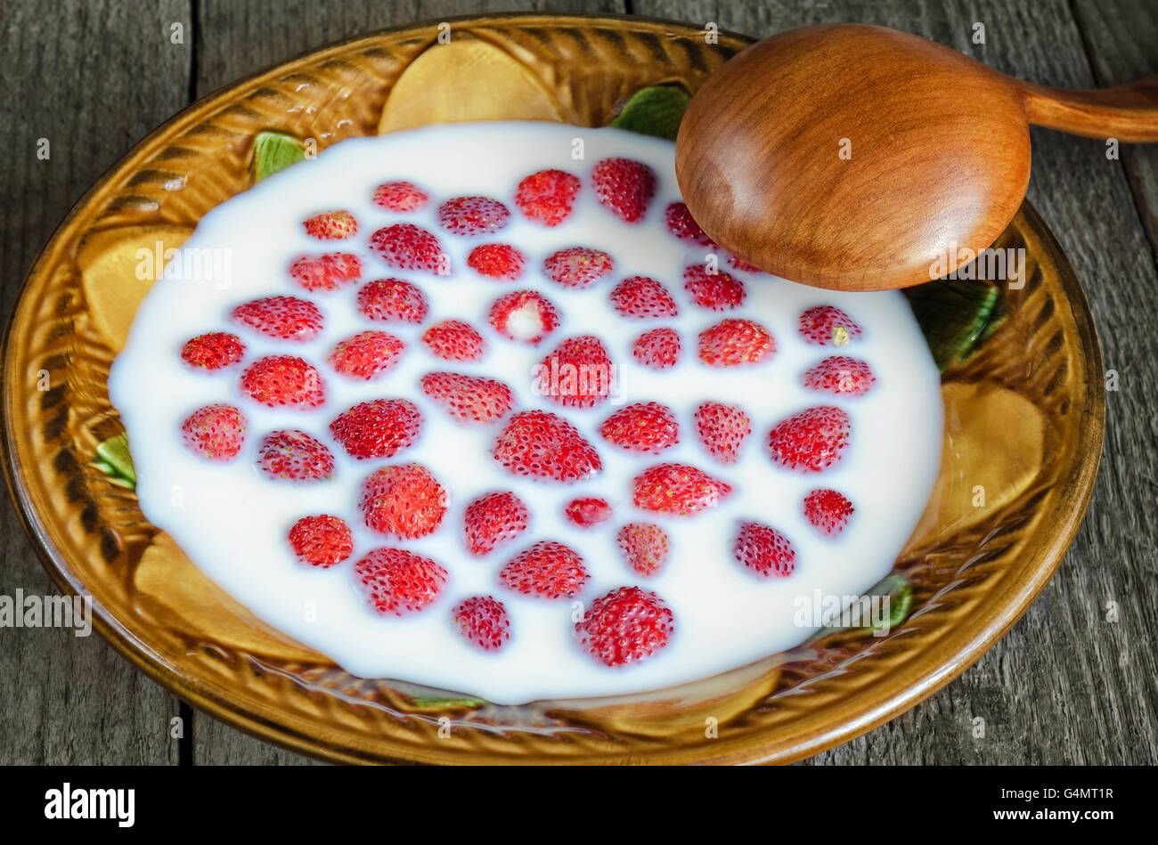 Strawberries with milk in a bowl Stock Photo
