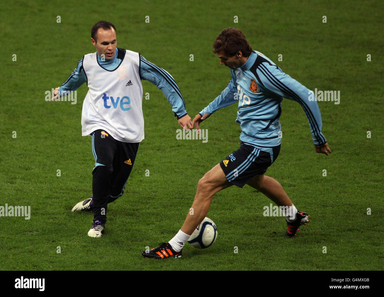 Spain's Andres Iniesta (left) and Fernando Llorente during the training session at Wembley Stadium, London. Stock Photo