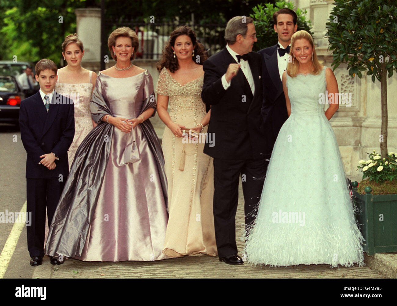 Queen Anne-Marie, her daughter, the future bride, Princess Alexia, former King Constantine of Greece and Princess Pavlos arrive for a gala ball held in London before the wedding on Friday 9 July 1999 of Carlos Morales Quintana and Princess Alexia. Stock Photo