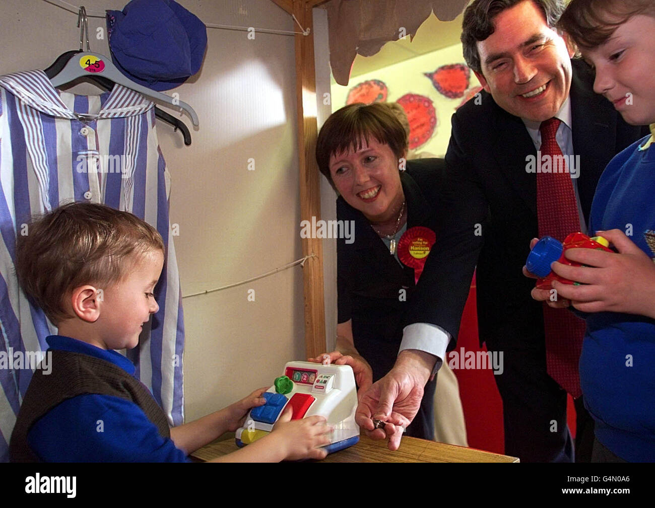 Labour Chancellor Gordon Brown plays 'shop' at Leaf Lane infant school in Winsford, Cheshire. Pictured with the Chancellor is Margaret Hanson, Labour candidate in the forth coming Eddisbury by-election. Stock Photo