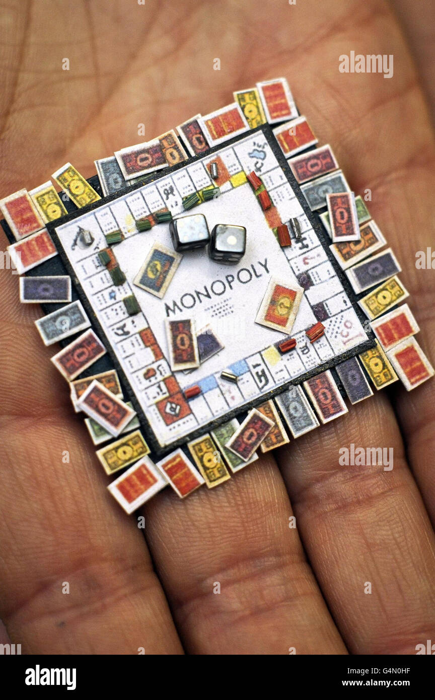 A miniature Monopoly board complete with houses, cards and money, made by  Klaas Schultz of South Africa at the Karon Cunningham Miniatures shop in  Bath Stock Photo - Alamy