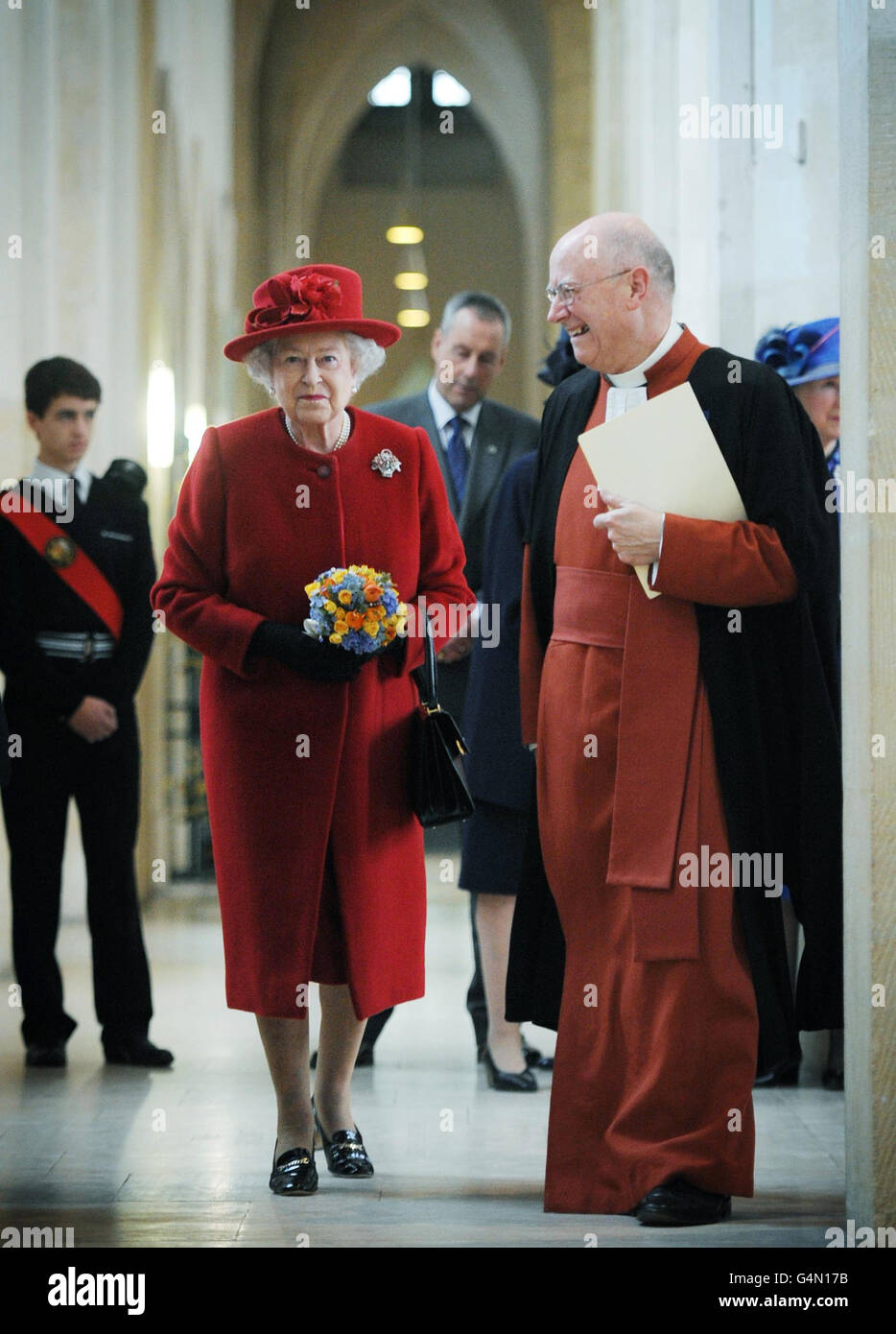 Britain's Queen Elizabeth II is shown around Guildford Cathedral