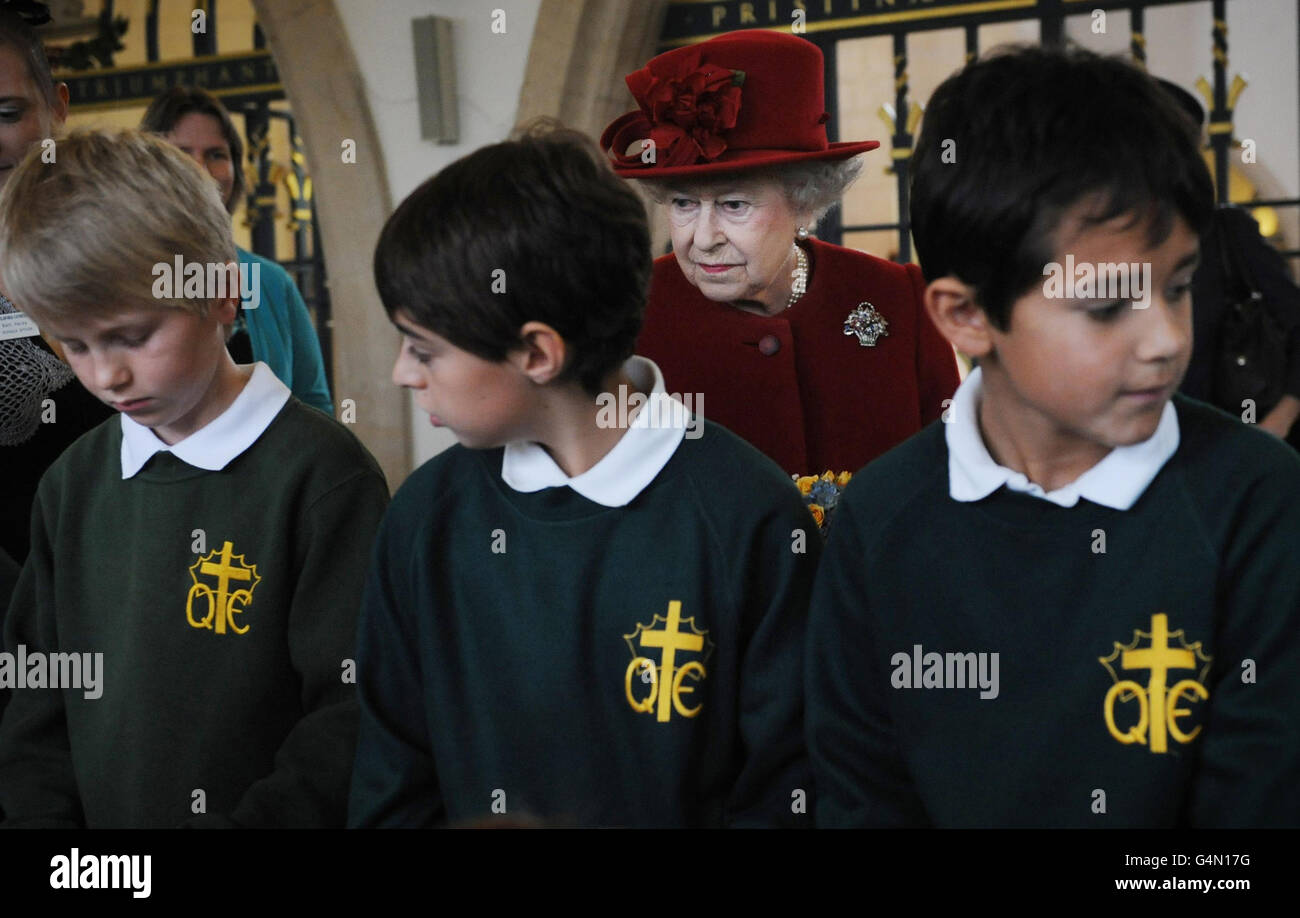 Britain's Queen Elizabeth II meets pupils from Queen Eleanors School in