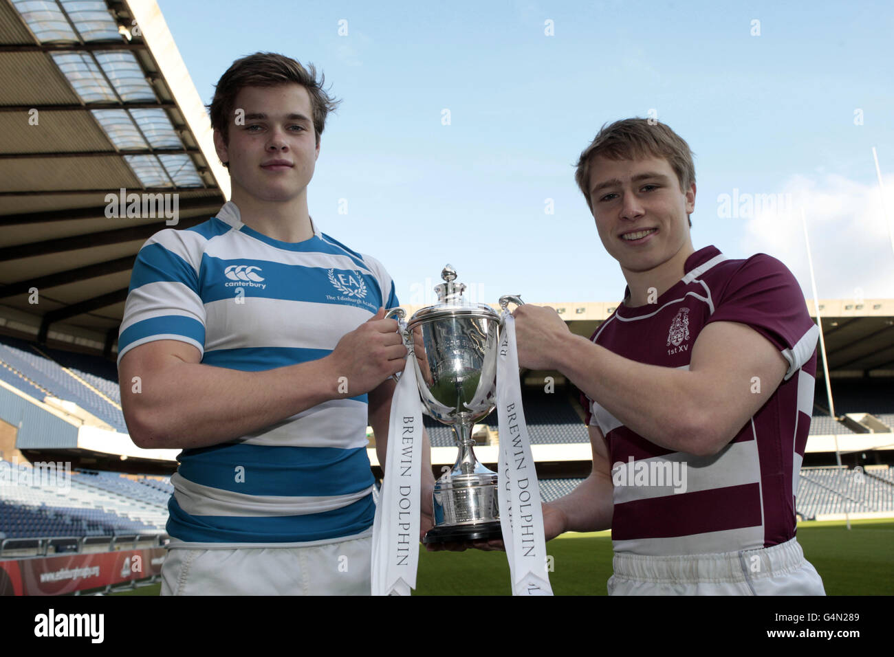 Ramasay Young (right) and Chris Dean hold the Brewin Dolphin U18's Cup during the Brewin Dolphin U18 Schools Cup Final Press Conference at Murrayfield, Edinburgh. Stock Photo