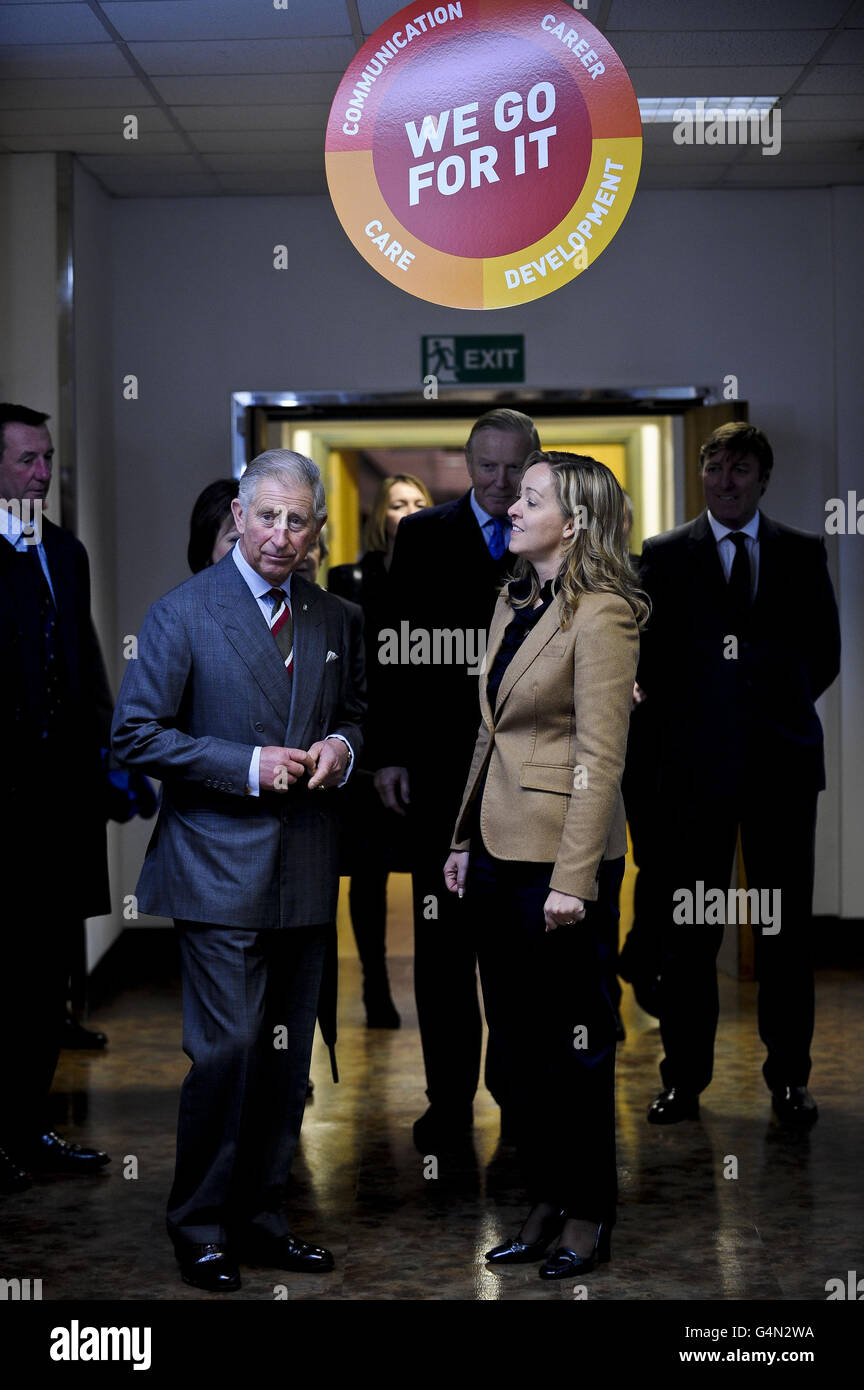 The Prince of Wales meets president Anheuser-Busch InBev UK, Inge Plochaet during his visit to the Magor brewery as part of his trip to Gwent. Stock Photo