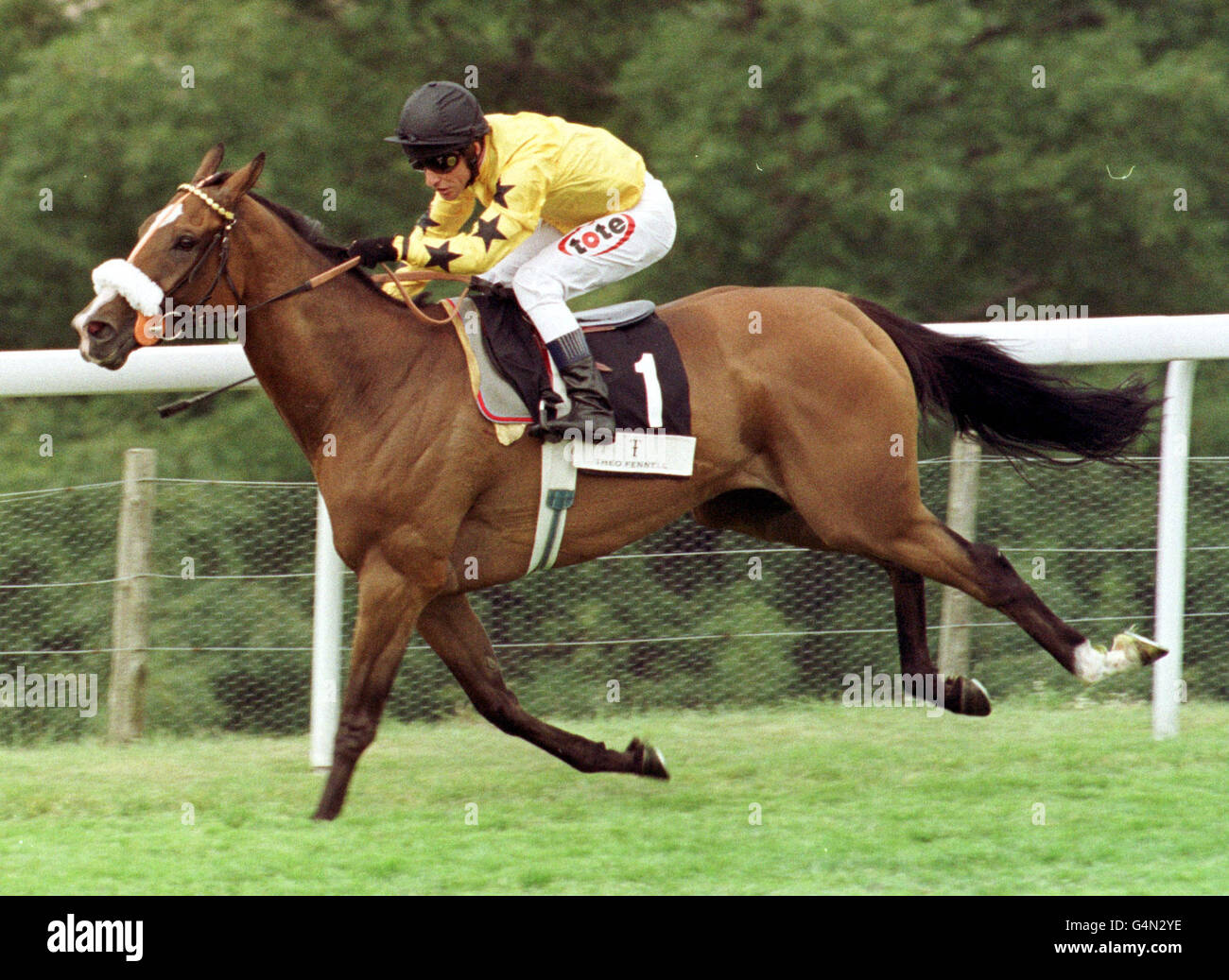 Racing/Goodwood. Gary Stevens on Danish Rhapsody on his way to winning the Theo Fennell Glorious Rated Stakes at Goodwood. Stock Photo