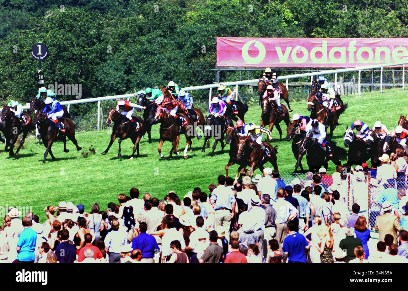 The thirty strong field hits the one furlong marker, in The Vodafone Stewards Cup, which was won by Harmonic Way, ridden by Gary Stevens at Glorious Goodwood, Sussex. Stock Photo