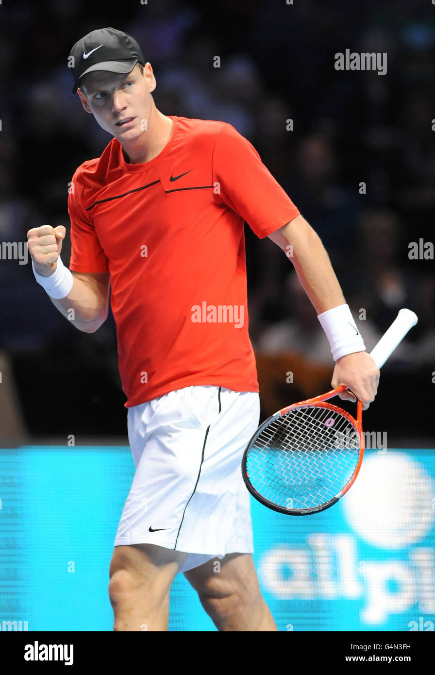 Czech Republic's Tomas Berdych reacts during his match against Serbia's Janko Tipsarevic during the Barclays ATP World Tour Finals at the O2 Arena, London. Stock Photo