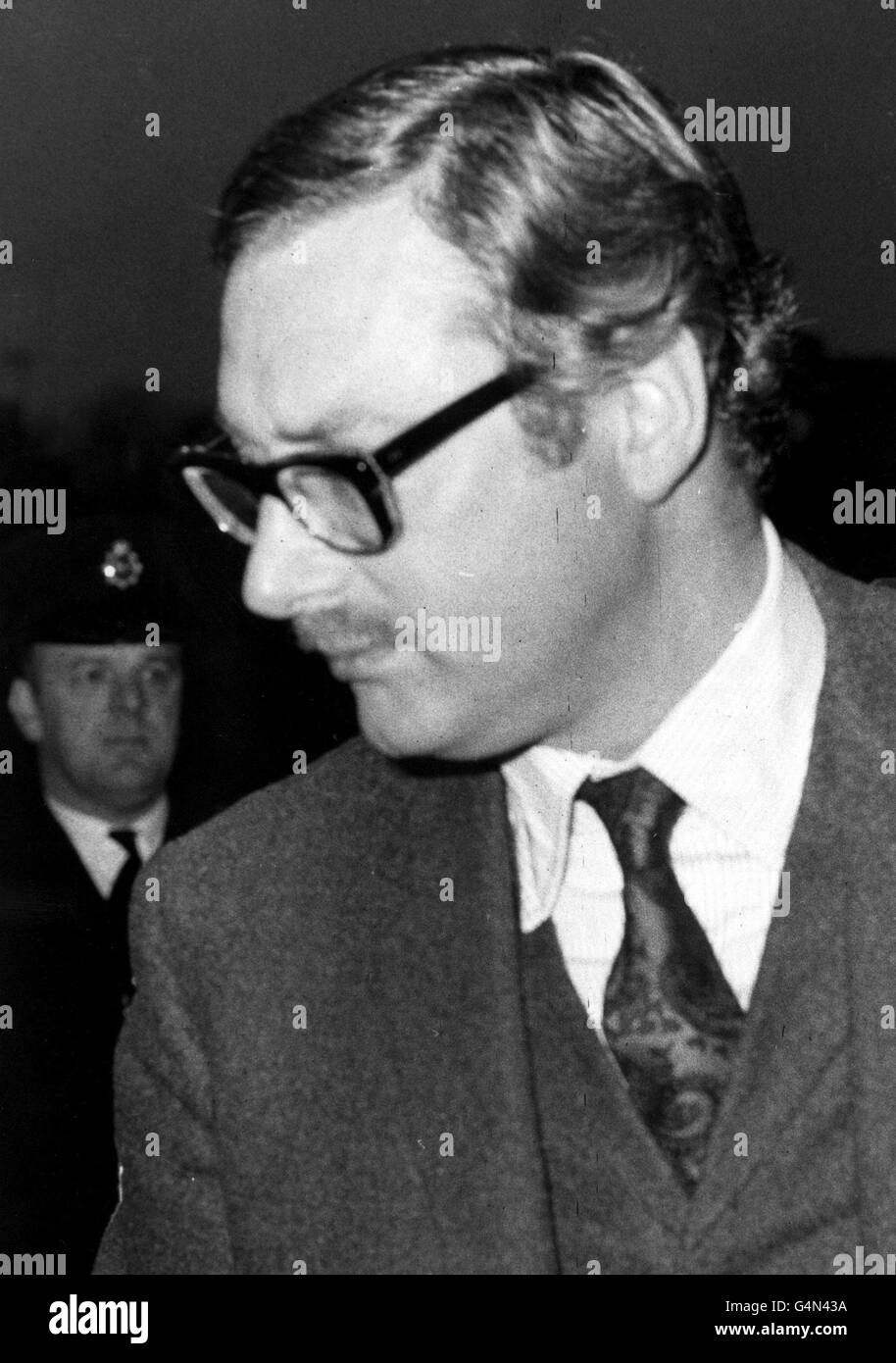 Bruce Reynolds at Linslade, Bedfordshire, who was remanded for a third time, accused of being concerned in the Great Train Robbery in 1963. He was remanded in custody until 4/12/68 after a two minute hearing. 28/12/68: The case will be heard in January 1969. * 8/8/99: Reynolds, one of the guests at the 70th birthday party of Ronnie Biggs, 36 years to the day since the infamous crime which made their name. Biggs, who escaped from Wandsworth Prison in 1965, is reported to be hosting a birthday party at his modest home in Rio de Janeiro, where he has lived beyond the clutches of the British Stock Photo
