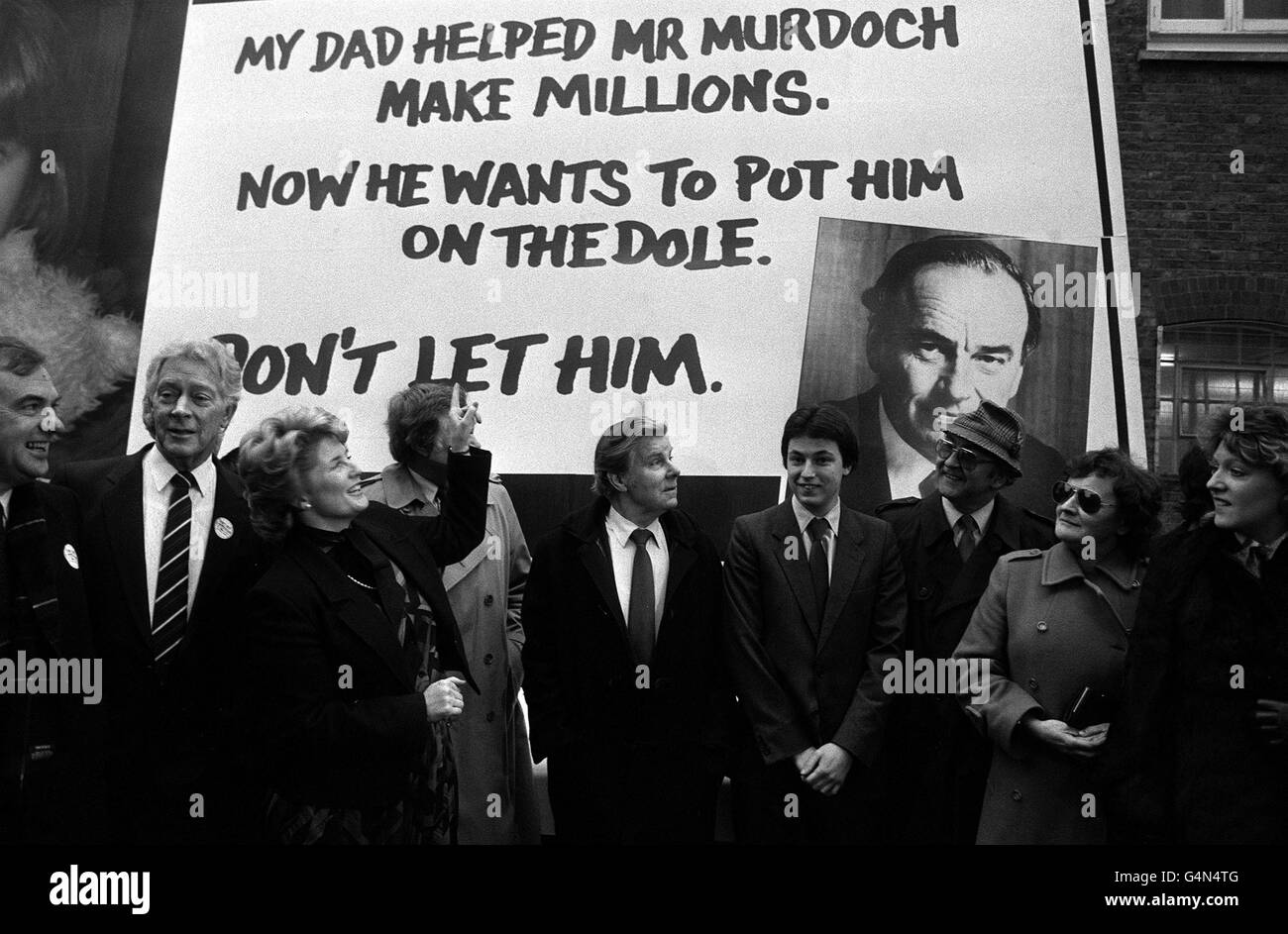 SOGAT '82 general secretary Brenda Dean (third from left) points to a poster condemning the owner of News International Mr Rupert Murdoch for his action against the print unions. Stock Photo