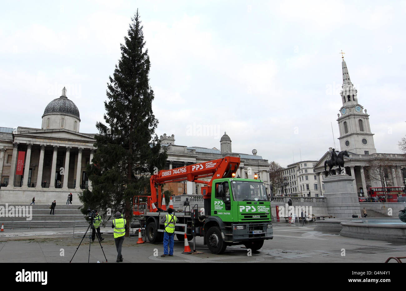 The Trafalgar Square Christmas Tree is delivered and put into place