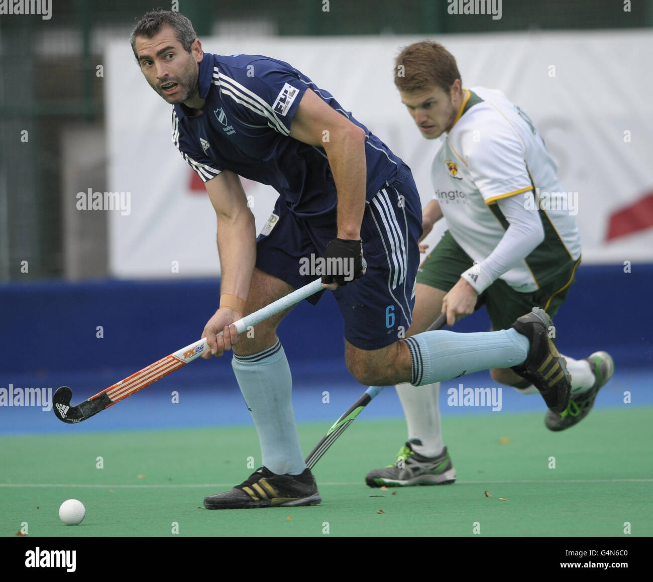 Reading's Richard Mantell looks to clear the defence during their Investec Men's Premier Division match at Sonning Lane, Reading. Stock Photo