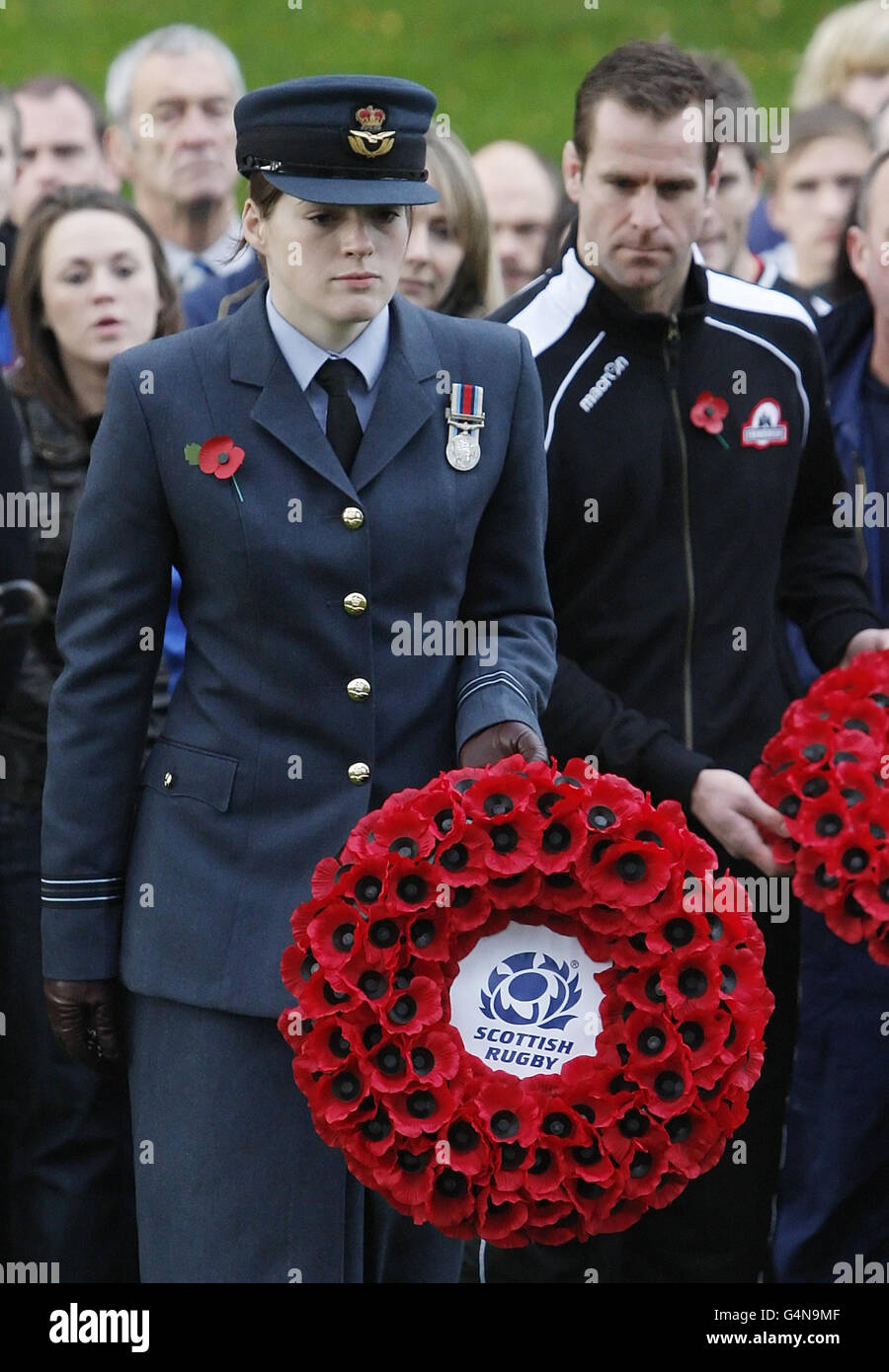 Rugby Union - Scotland Womens Squad at the Remembrance Service - Memorial Arch - Murrayfield. Scotland Woman's international and RAF Flt Lt Katherine Muir during the remembrance service at the Memorial Arch, Murrayfield, Edinburgh. Stock Photo