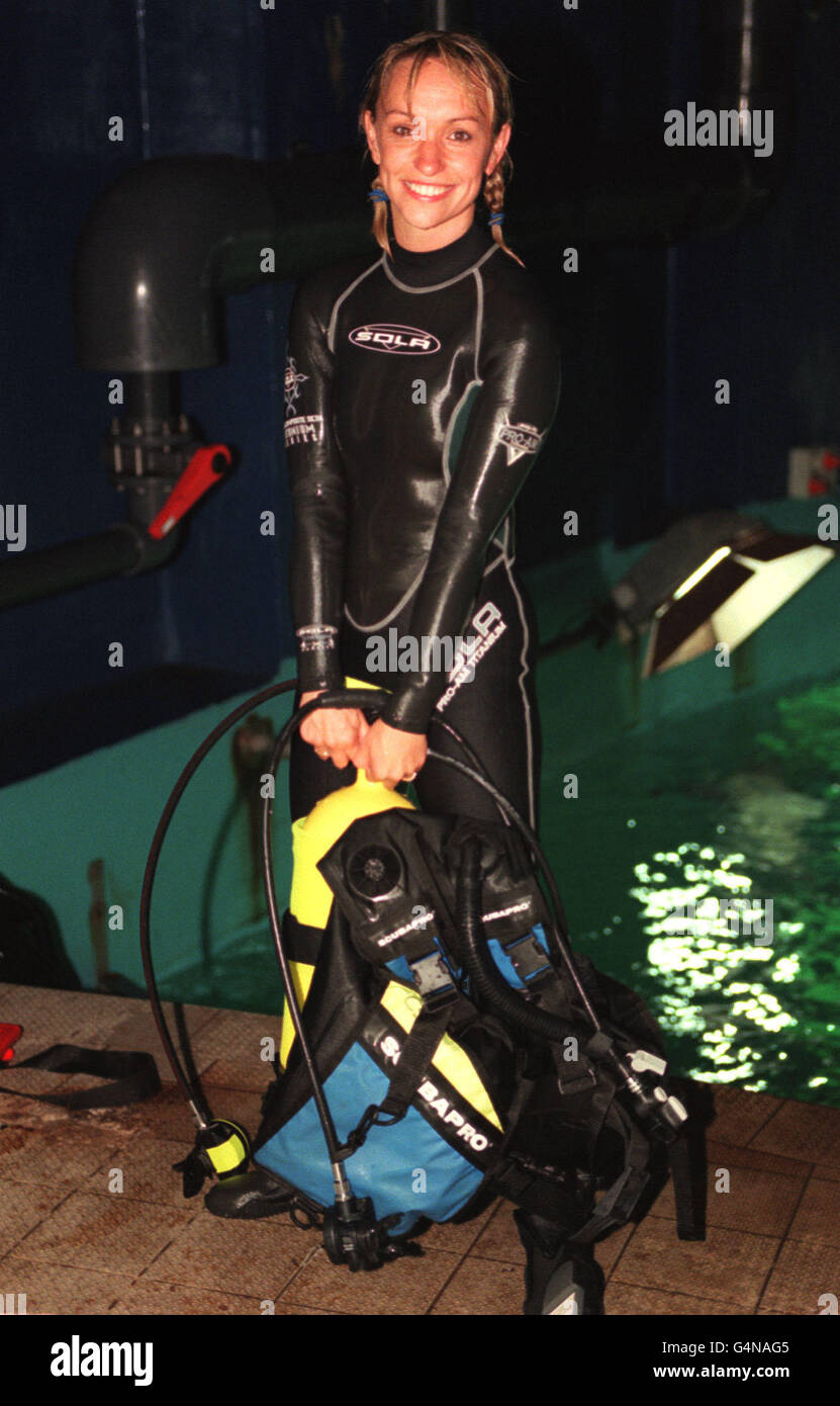 TV presenter Michaela Strachan before she swam with sharks at the London Aquarium in London. She swam with the sharks to promote her new BBC 1 programme 'Shark Encounters' which is aired on Sunday July 11th 1999. Stock Photo